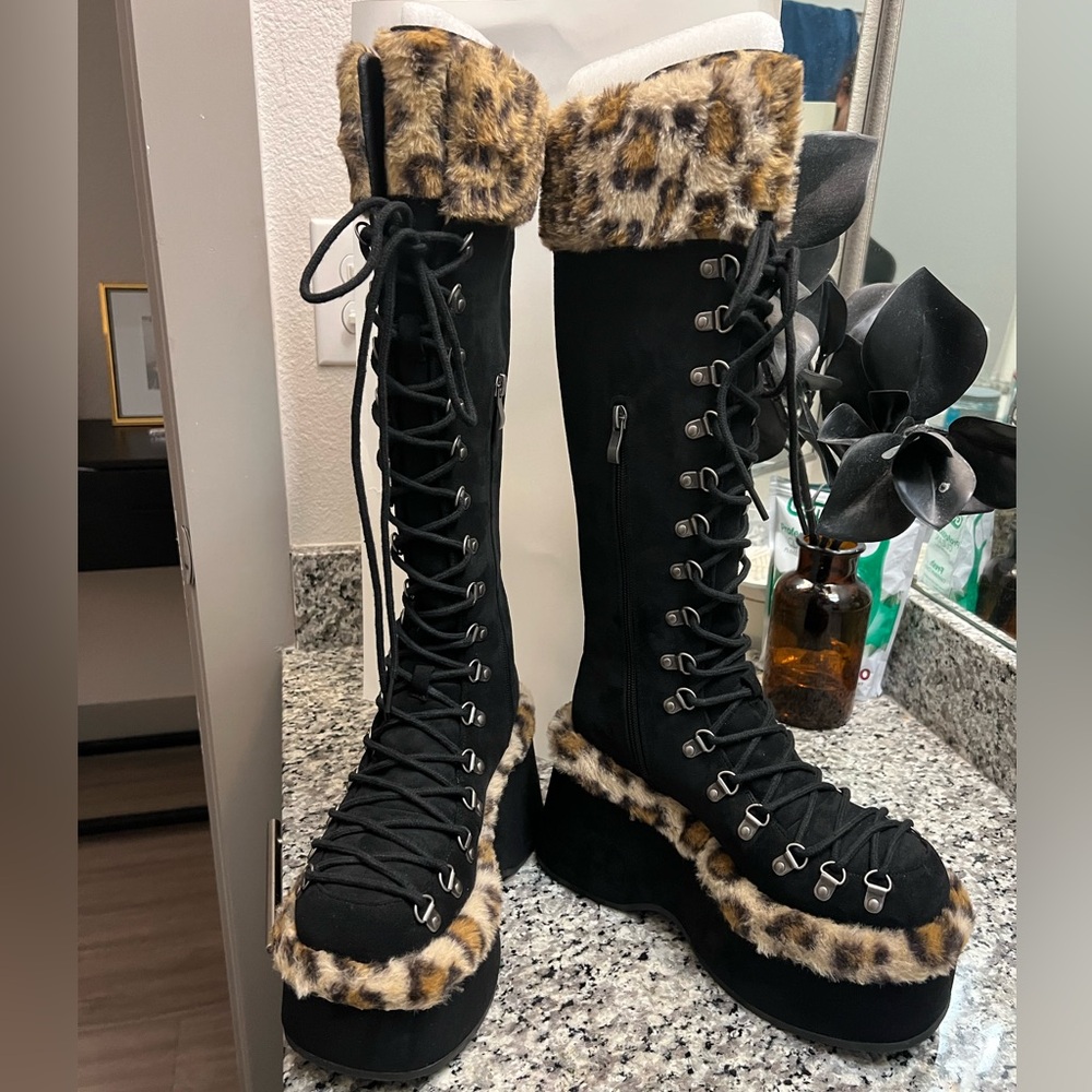 Dolls Kill Black Lace-Up Boots with Leopard Trim